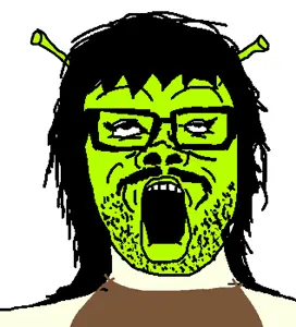 shrek, a24 slowburn soyjak, matchajаk, 1soyjak, black hair, front view, gaping mouth, green skin, hair, long hair