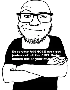 redditjak, 1soyjak, arms crossed, asshole, black shirt, closed mouth, crossed arms, english text, eyes, front view