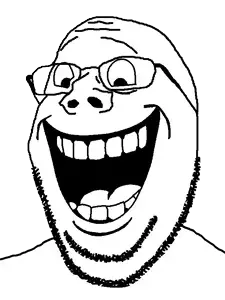 gapejak, wholesome soyjak, 1soyjak, bald, black eyes, eyebrows, gaping mouth, glasses, gnarly teeth, happy