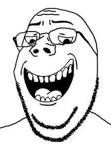 gapejak, wholesome soyjak, 1soyjak, bald, black eyes, glasses, gnarly teeth, happy, looking down, open eyes