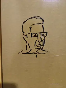 chudjak, 1soyjak, closed mouth, glasses, hair, in real life, irl background, irl photo, looking to the right, medium hair