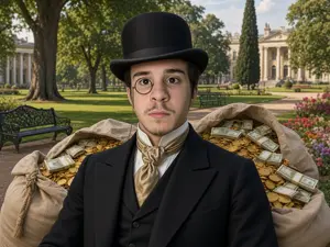 billionaire, bourgeoisie, brown eyes, brown hair, building, closed mouth, clothes, hair, hat, irl background