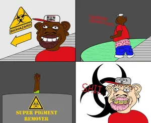 sheeeit, acid, black eyes, black hair, blue eyes, brown skin, cap, closed mouth, clothes, comic