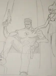 buff, clothes, glove, gun, hair, holding gun, holding object, pencil drawing, serious sam, short hair