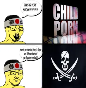 soyak, 1soyjak, 2soyjaks, anti piracy, black hair, buck teeth, castrated faggot, closed eyes, closed mouth, faggot