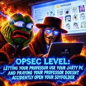 opsec demon, pepe, opsec level, catalog, clothes, computer, duo, english text, fire, glow