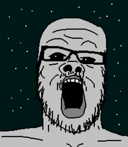 a24 slowburn soyjak, alien, black sclera, drawn background, glasses, gray, gray skin, grey alien, open mouth, soyjak