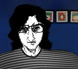 eric cartman, timjak, unknown, 1soyjak, angry, black eyes, black hair, blue background, closed mouth, clothes