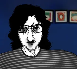 eric cartman, timjak, unknown, 1soyjak, angry, black eyes, black hair, blue background, closed mouth, clothes