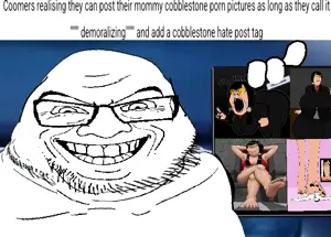 feraljak, feralgrin, neckbeard feraljak, 5soyjaks, bald, black eyes, drawn background, fat, glasses, half closed eyes