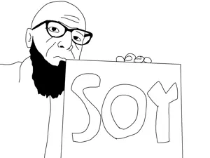 unknown, 1soyjak, beard, closed mouth, ear, glasses, hands, holding object, holding sign, jacket