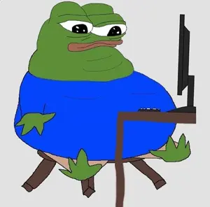 apu, pepe, amphibian, animal, big lips, black eyes, blue shirt, chair, chin, closed mouth