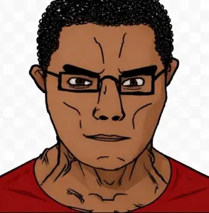 chudjak, chudjak front, muscular chud, 1soyjak, black hair, brown skin, bushy eyebrows, chud, closed mouth, curly hair