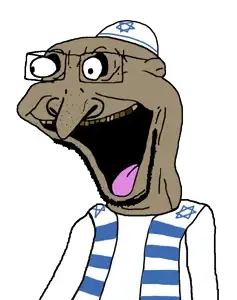 disturbingjak, yehudyakim, 1soyjak, almost full body, brown skin, eyes popping, gaping mouth, glasses, jewish nose, jewish star