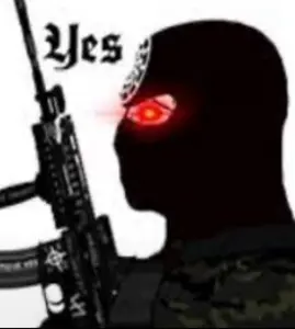 yes chad, balaclava, camouflage, celtic cross, clothes, eyebrows, glowing eyes, gun, holding gun, holding object