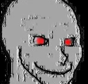 wojak, black background, creepy, portrait, red eyes, scary, skinny, smile, three-quarter view, uncolored skin