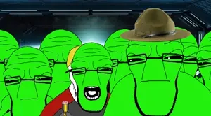 nate higgers, cephalopod soyjak, feraljak, slitherjak, natejak, alien, army, bald, blonde hair, blue background