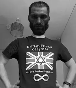 gigachad, irl soyjaks, autism awareness, closed mouth, front view, gray background, gray skin, grayscale, half body, looking at you