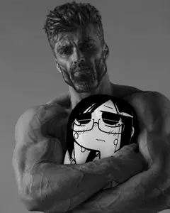 gigachad, black eyes, black hair, charlotte fosgate, closed mouth, crying, front view, frown, glasses, gray background