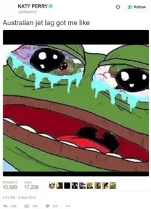 pepe, 2014, crying, green skin, looking at you, open eyes, open mouth, purple eyes, teeth, text