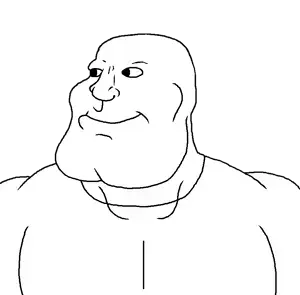 meximutt, mexiaryan, 1soyjak, bald, buff, closed mouth, hair, happy, looking to the left, mewing