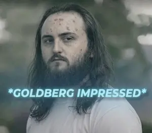 goldberg, 1soyjak, acne, armed and dangerous, beard, blue text, brown hair, closed mouth, english text, fat