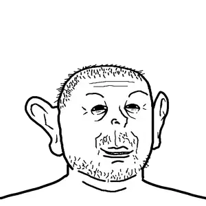 kimjak, demonic kimjak ears, 1soyjak, balding, beard, closed mouth, demonic, ears, grin, hair