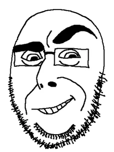 cobson, cobsontalks, 1soyjak, bald, bushy eyebrows, closed mouth, eyebrows, glasses, grin, half open mouth