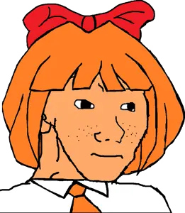 mymy schoppenboer, wojak, black eyes, closed mouth, nasified, neutral, no glasses, open eyes, orange hair, orange skin