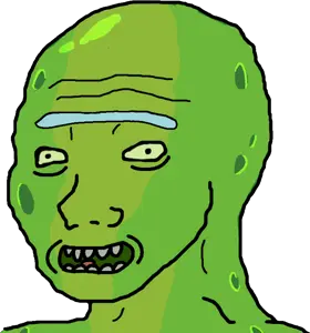 rick sanchez, wojak, green skin, no glasses, open mouth, pickle, pickle rick, portrait, skinny, smile