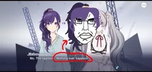 asahina mafuyu, chudjak, pol face, 1soyjak, anime, anime girl, big lips, closed mouth, drawn background, english text