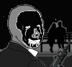 wojak, bald, black eyes, closed mouth, dark, gun, no beard, ominous, open eyes, psycho
