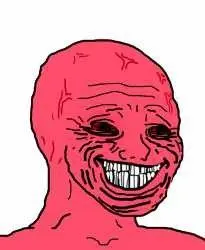 wojak, angry, black eyes, bloodshot eyes, grin, half open mouth, no glasses, open eyes, open mouth, pink skin