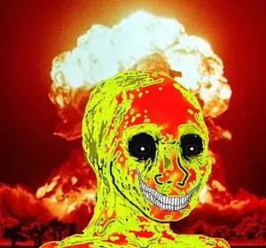 psycho wojak, wojak, bald, black eyes, explosion, grin, irl background, multicolored skin, mushroom cloud, no beard