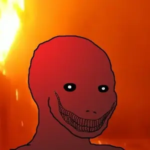 psycho wojak, wojak, bald, black eyes, fire, irl background, no beard, no glasses, open eyes, skinny