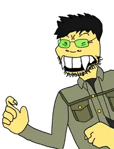 soykio kid, 1soyjak, angry, asian, black eyes, black hair, buck teeth, get, glasses, green glasses