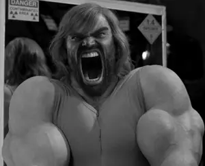 gigachad, beard, buff, front view, gray skin, hair, half body, looking at you, muscles, muscular male