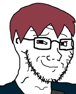 nape riggers, soyak, soyak (smug), natejak, 1soyjak, closed mouth, forehead, forehead lines, glasses, head