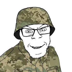 feraljak, 1soyjak, clothes, collared shirt, combat helmet, glasses, grin, hat, helmet, looking at you