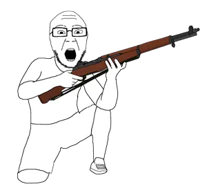 ericjak, 1soyjak, arm, bald, clothes, crouching, full body, glasses, gun, hands