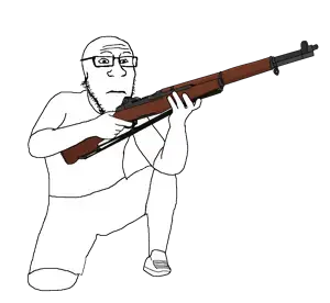 markiplier soyjak, threefourthsplier, arm, bald, closed mouth, clothes, crouching, full body, glasses, gun