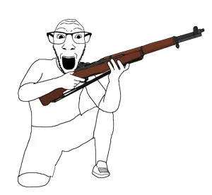 dylanjak, 1soyjak, arm, bald, clothes, crouching, full body, glasses, gun, hands