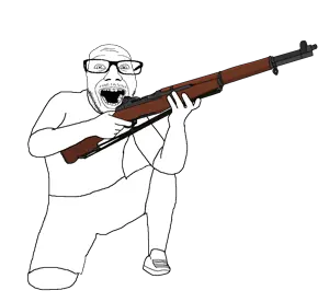 punkjak, 1soyjak, arm, bald, clothes, crouching, full body, glasses, gun, hands
