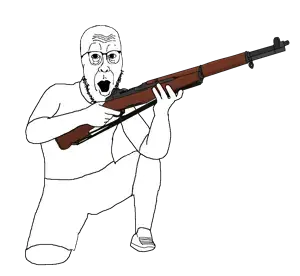 cobbert, 1soyjak, arm, bald, clothes, crouching, full body, glasses, gun, hands