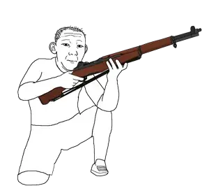 kuzjak, arm, balding, closed mouth, clothes, crouching, ear, full body, gun, hands