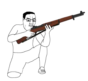 chudjak, 1soyjak, angry, arm, black hair, closed mouth, clothes, crouching, full body, glasses