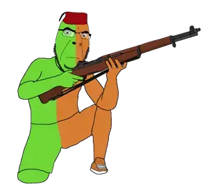 cobson, arm, bald, closed mouth, clothes, crouching, full body, glasses, green skin, gun