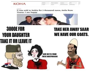 doomer girl wojak, wojak, yes chad, albania, beard, black eyes, black hair, blonde hair, brown skin, closed mouth