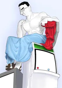 chuddling, chudjak, chudjak side, 1soyjak, almost full body, arcade, black hair, buff, cabinet, classical art parody
