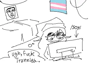 chudjak, chudjak front, angry, bed, closed mouth, clothes, computer, flag, glasses, hair